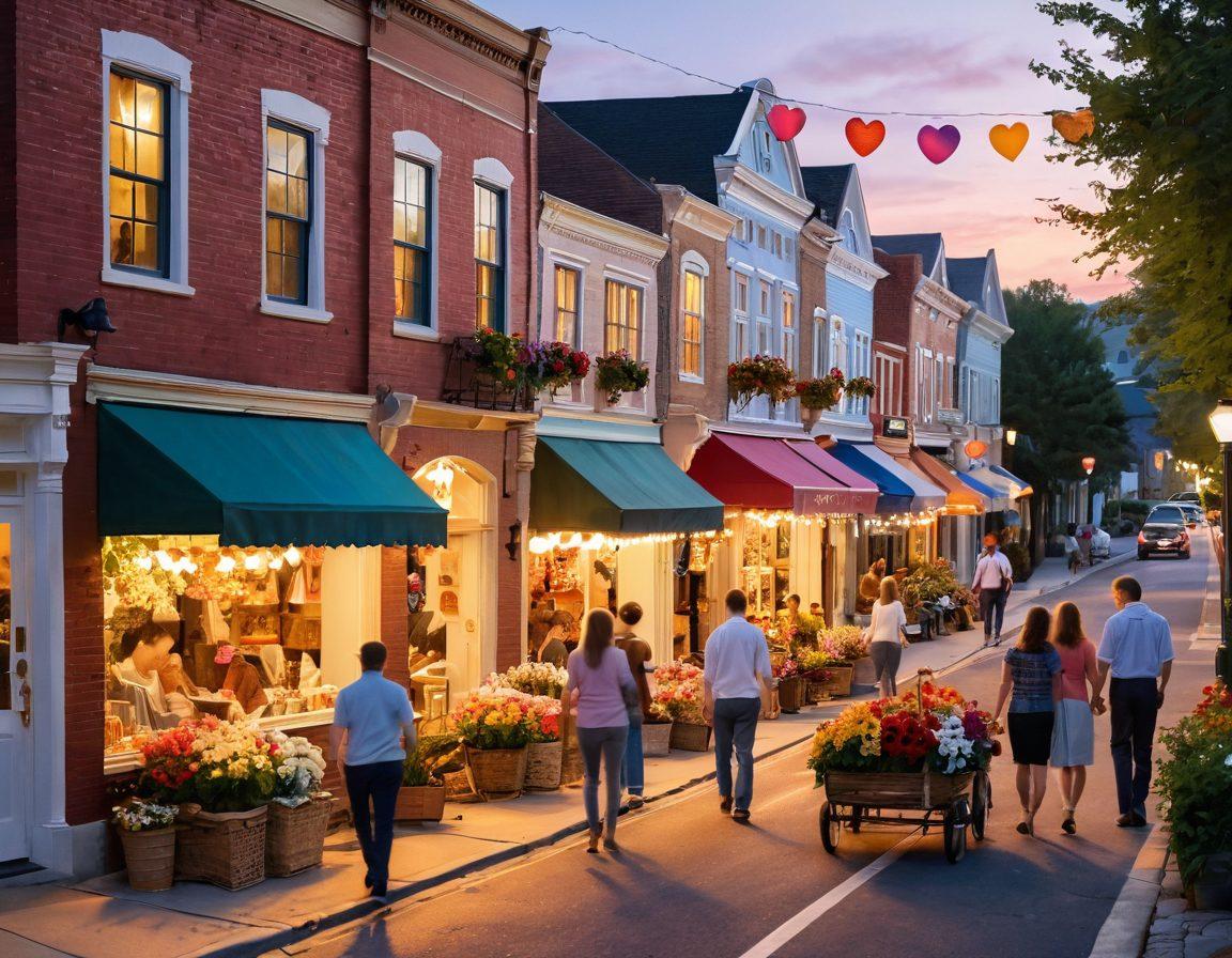 A warm and inviting street scene in a small town, showcasing couples and families interacting in a vibrant community setting, with vintage shops and colorful flower baskets. Soft lighting creates a romantic atmosphere, while heart-shaped decorations subtly hang in the background. Include diverse groups of people enjoying each other's company to convey unity and connection. whimsical illustration. vibrant colors. soft focus.