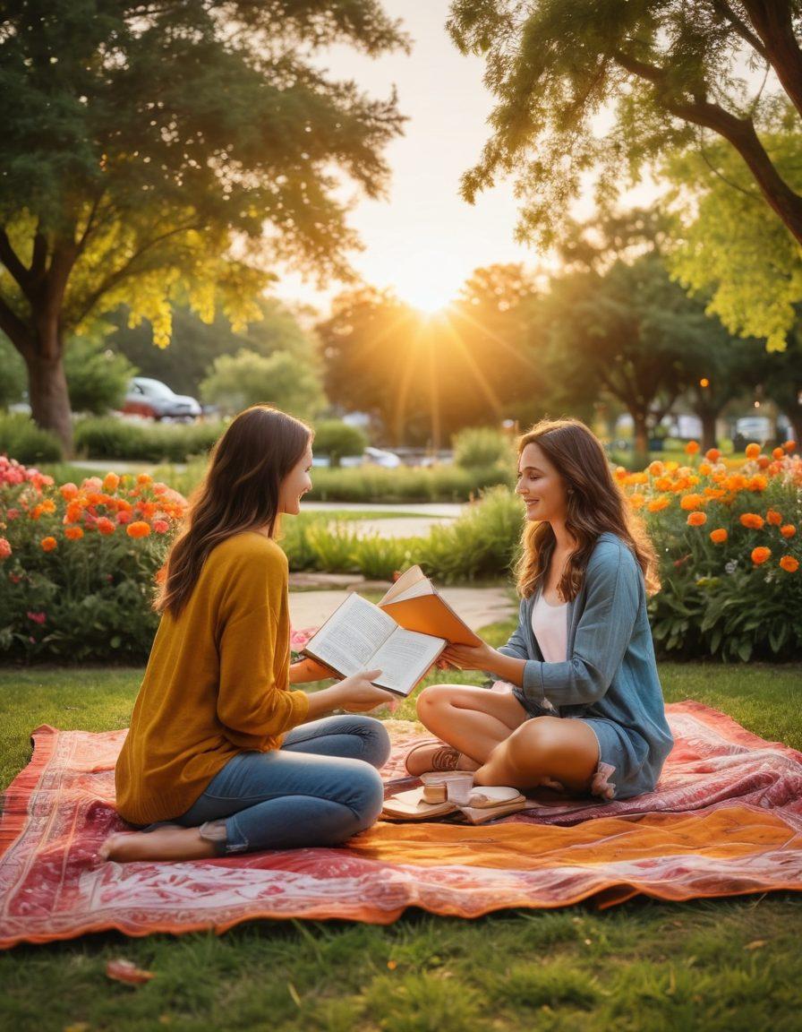 A warm and inviting scene showcasing diverse people sharing moments of love and friendship in a community park, with vibrant flowers and lush greenery around. Include elements like picnic blankets, open books, and children playing, evoking a sense of togetherness and warmth. The background should feature a sunset that bathes the entire scene in golden light, enhancing feelings of joy and connection. super-realistic. vibrant colors. warm tones.