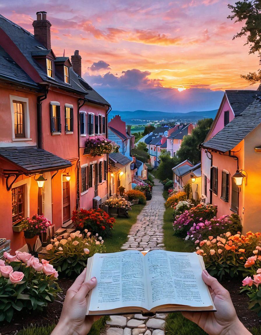 A serene landscape showcasing a quaint town, set against a stunning sunset with warm, pastel hues. Include symbolic elements of love, like intertwined hearts, a couple walking hand-in-hand, and blooming flowers along the path. Overlay stories represented by open books and soft glowing lights in the background, creating an inviting emotional atmosphere. super-realistic. vibrant colors. warm tones.